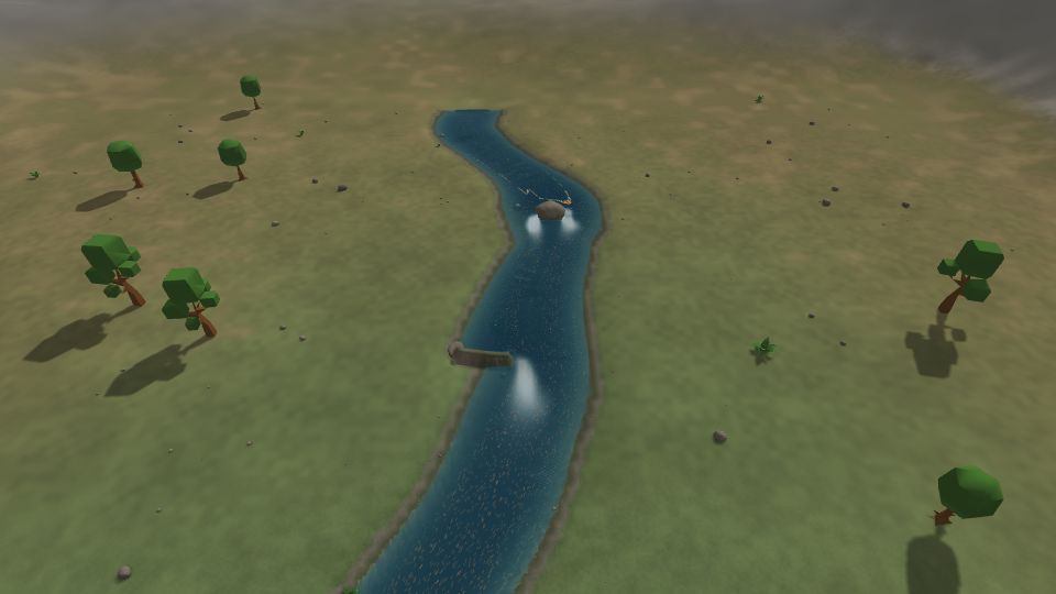 A rock and a spur in a small river, with white wakes where the current splits around them, from the Eddies lesson